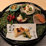 Ginza Yoshizawa - ■八寸？：マナガツオの西京焼き・北寄貝・自家製のカラスミ・ナマコ・京人参＆菜の花：◎