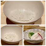 温石 - 上は炊き立ての煮えばな
      左は炊き上がり後十分に蒸らしたご飯
      お漬物が美味しくご飯のお供に最高でした♪