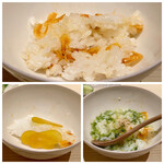 温石 - 桜海老の炊き込みご飯
      左は桜海老の炊き込みご飯に今朝干し上がった自家製のカラスミを乗せて
      右は浜名湖の青海苔汁かけご飯
      どれも美味しくてパクパクが止まりません！