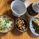 Haraguchi Soba - ネギ、納豆漬けダレ、青菜漬け、蕎麦つゆが来ました。