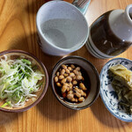 原口そば - ネギ、納豆漬けダレ、青菜漬け、蕎麦つゆが来ました。