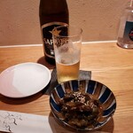 坊夜 - 瓶ビール、お通し（なす味噌）