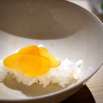 温石 - 自家製唐墨ご飯。前日に干しあがった初物を頂きました。薄く透き通って美しい。