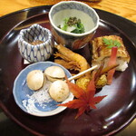 玄斎 - 八寸～仙台のセリとイカの酢味噌和え・鰹の酒盗・川津海老の唐揚げ・焼き穴子のお寿司・揚げ姫くわい・岐阜の藤九郎銀杏