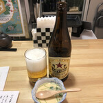 Buzen Urau Chikai Udon Sakaba Saru Xu - ②サッポロラガー(赤星)、お通しの茶碗蒸し:カワハギ出汁
