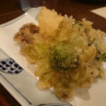 和食 もろ美 - 海老真薯、蕗の薹、菜の花の天ぷら