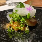 ラ・ヴァガボンド - 帆立～三陸の帆立　ポルチーニ茸のソース　菊芋のピューレ　コンテチーズの泡　モロヘイヤチップス　セロリの新芽