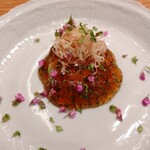 虎白 - とらふぐとアン肝のペースト、その上に秘伝の橙のジュレ