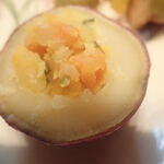 K&M Vegan Kitchen 菜美 - かぼちゃと三つ葉のさつまいもカップ詰めはぽくぽく。自然な甘さ。三つ葉はひかえ目