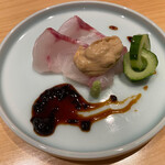 華丸吉日 - くえ　あん肝酢　昆布醤油