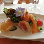 盤古茶屋 - 本日の前菜五種　蒸し車海老・鴨肉燻製・クラゲ・サザエ・蒸し鶏