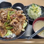 Densetsuno Sutadonya - すたみな厚切り熱盛牛焼肉丼激熱盛り(期間限定)飯増し+プチサラダ