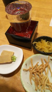 そば処　英太郎 - 日本酒[武甲]、山うに豆腐、お漬物、揚げ蕎麦