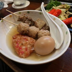 居酒屋 一心 - 紅しょうが天、玉子、鶏つくね、牛すじ