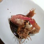 ケザコ - 海老　頭はフリット、身は焼いて、南瓜のピュレとチョコレートとスパイスのソース