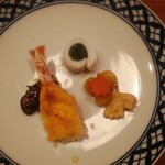Shinonome Sai - 牡蠣の田楽、海老のタルタルソース、イカのほうれん草巻き、銀杏
