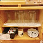 MENYA MOKUMOKU - 卓上のグラス、小皿、爪楊枝、名刺。