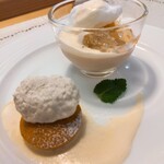 Bistrot saen - 米粉のショコラムースと米粉の入った焼きドーナツ！ムースの上にはジュレとメレンゲで、中には薄いココア色のショコラムースがまろやかで美味しい(≧∀≦)