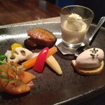 カフェレストラン縁 - ■前菜５種盛り合わせ
・ハムのムース
・ピクルス
・豆乳のパンナコッタとオリーブオイルのソルベ
・スモークサーモンのマリネ
・かぼちゃのガーリックソテー