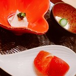 銀座 聖起 - フルーツトマト、あん肝、湯葉の前菜
