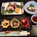 玉乃家 - 前菜三種盛り（松きのこ塩っぺ和え、松なめこ大根添え、松きのこ田楽みそ敷き）／松きのこの刺身／焼き松きのこ