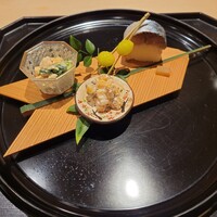 祇園 にしかわ - 八寸　光陰矢の如し　鮟肝ぬた和え 柿白和え 銀杏 鯖寿司 生姜べっこう煮