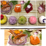 寿司割烹 黒潮 - ◆「カレー」「抹茶」｢梅」「ゆかり」等を混ぜたシャリ。一つは酢飯のまま。 ◆種は「海老」「間八」「鮪」「サーモン」など。小鉢で「シーチキン」や「玉子焼き」もありましたので それも盛って愉しみました。♪