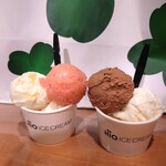 HiO ICE CREAM Atelier 自由が丘 - トリプル(693円✕2)✨美瑛シングルオリジンミルク、塩キャラメル、フローラルチョコレートに､フルーツ系でまとめて頂いたバナナミルク、マンゴー＆玉名ミルク、イチゴシャーベット✨