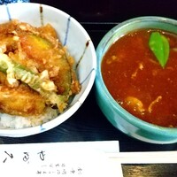 日本橋 やぶ久 - ミニいか天丼、ミニカレー南蛮そばセット 1,100円 ♪