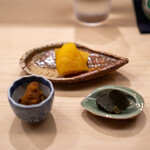日本橋蛎殻町 すぎた - 数の子の味噌漬け 鮑の肝の味噌漬け 雲丹の味噌漬け