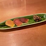 竹千代 - 自家製カラスミ食べ比べ(1ヶ月・4年目・7年目)・干し海老と夏野菜味噌