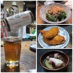 庚申酒場 - HOTウーロンハイ・ほうれん草のおひたし・クリスマスなのでチキン・おでんのタコ？？