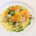 La Brianza - 鯛とホタテのスパゲティ自家製カラスミ。鯛とホタテがたっぷり嬉しいしスライスされたカラスミの風味豊か、カラスミのコクがいい感じにあったし塩味もすごくいいアクセントになっていました美味しかった～(^^)/