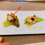 神戸ステーキハウス 和豪 - 前菜はチキンとサーモンで一口で食べると美味さが調和します^ - ^