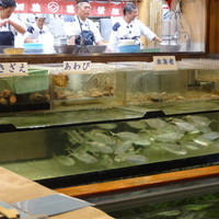稚加榮 本店 - 奥の台所の手前のカウンターで魚は捌かれる、手前が銀色に輝く関鯵