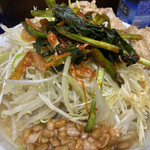 ラーメン二郎 - 小ぶた（880円）＋ネギ（100円）＋ニラキムチ（80円）、ニンニク・アレ（タマネギ納豆キムチ）