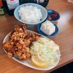 三代目蝦夷 - 半ライスながら充分に一杯分あり、から揚げもデカいので普通のお店でしたらこれだけでから揚げ定食です。