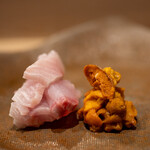 うを徳 - 2021.12 お造り（大原17kg級ヒラマサ、噴火湾バフンウニ）