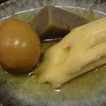 風来坊 - ちくわぶ：５０円、こんにゃく：５０円、玉子：１００円