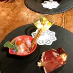 月島スペインクラブ - 冬野菜と魚介のサルピコン　能登産タラのパステルとオレアウルム　ハモン・イベリコ・ベジョータとバスクチーズケーキ