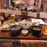 cafe Stay Happy - Karaage set with miso soup, genmai rice, salad, and tsukemono・唐揚げセット、味噌汁、玄米、サラダ、漬物