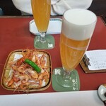 駿河屋 - 白穂乃香に川海老の唐揚げに付きだしのヒレ味噌かな