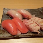 Nihonshu Genka Sakagura - 国産本鮪　炙り　活〆カンパチ