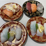 海鮮寿司とれとれ市場 - イカ3種盛、サーモン3種盛、とれとれ3種盛