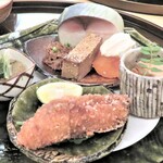 旬菜山﨑 - 八寸　牡蠣フライ　子持ち昆布　あんぽ柿など　