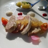 ステーキ＆シーフード ボストン - 新春オードブル盛り合わせ    左から･パテドカンパーニュ･鴨パストラミ･鴨テリーヌ･鶏のガランティーヌ  奥リンゴのコンポート リンゴとフランボワーズソース