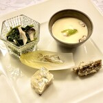 Amanogawa - 冬の前菜一例：木の子と芹のお浸し、ワカサギのオイル漬け、河豚の煮凍り、白子入り茶碗蒸し、叩き牛蒡