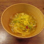 クーリエール - カラスミパスタ（私がそばアレルギーのためパスタに変更していただきましたm(__)m）～白ワインと鶏の殻から取ったブイヨン セモリナ粉で作ったパスタ オマールとホワイトアスパラのスープ