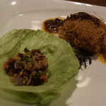 カントニーズ 燕 - 里芋の野菜あん入りガダイフ揚げ　ＶＸＯソース　野菜のレタスカップ包みとともに