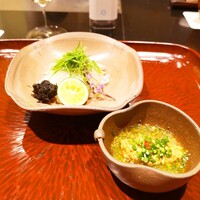 日本料理 晴山 - ﾌｸﾞのお造り肝ﾎﾟﾝ酢
